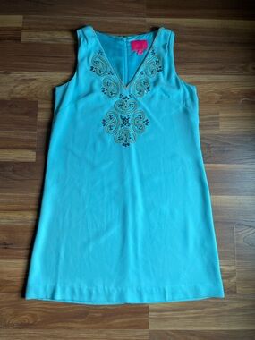 Lilly Pulitzer Penelope Shift Dress Blue Ibiza Sleeveless Embellished Size 8